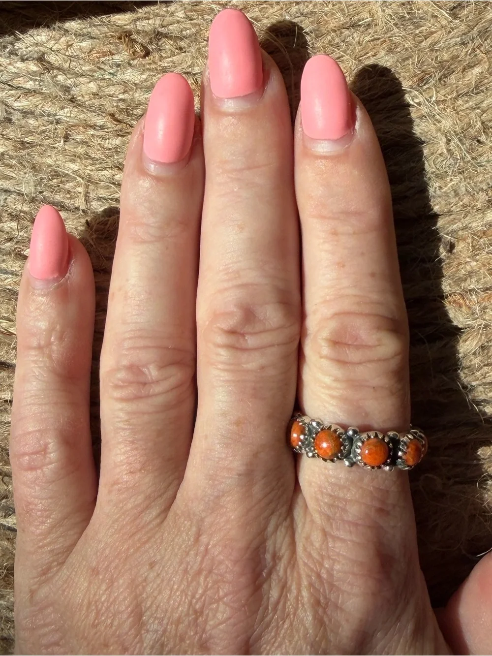 Sterling Silver Orange Mohave Stone Infinity Ring Band